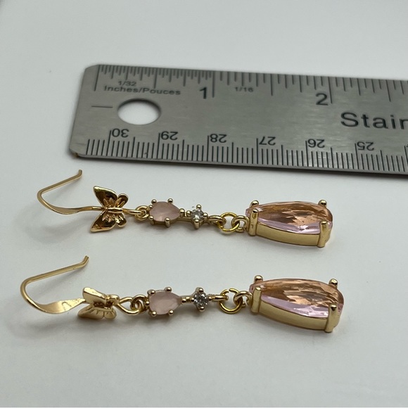 Pink Teardrop Rhinestone Gold with butterfly hooks Dangle Earrings - Picture 2 of 2